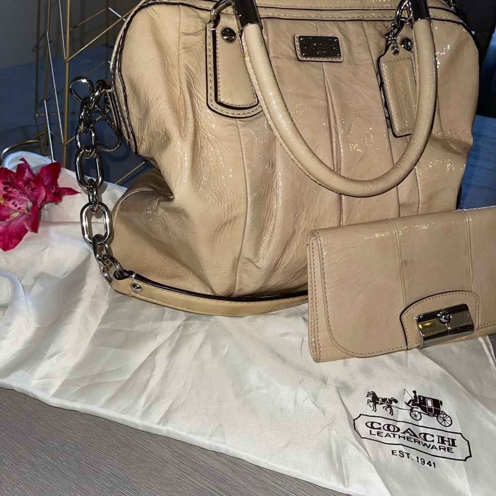 Coach pink patent leather satchel with wallet